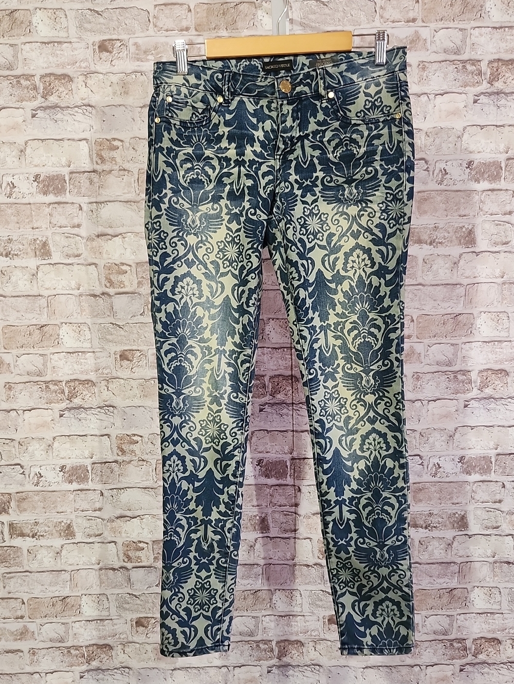 Y2K Sacred Virtue Blue Damask Print Skinny Jeans Sz 7